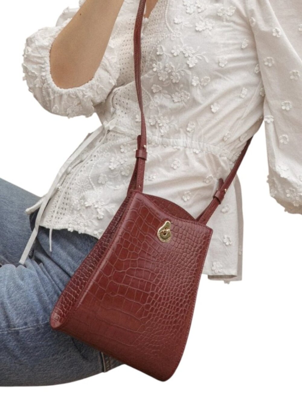 Orri New York Aster Leather Burgundy Croc Embossed Crossbody Bag